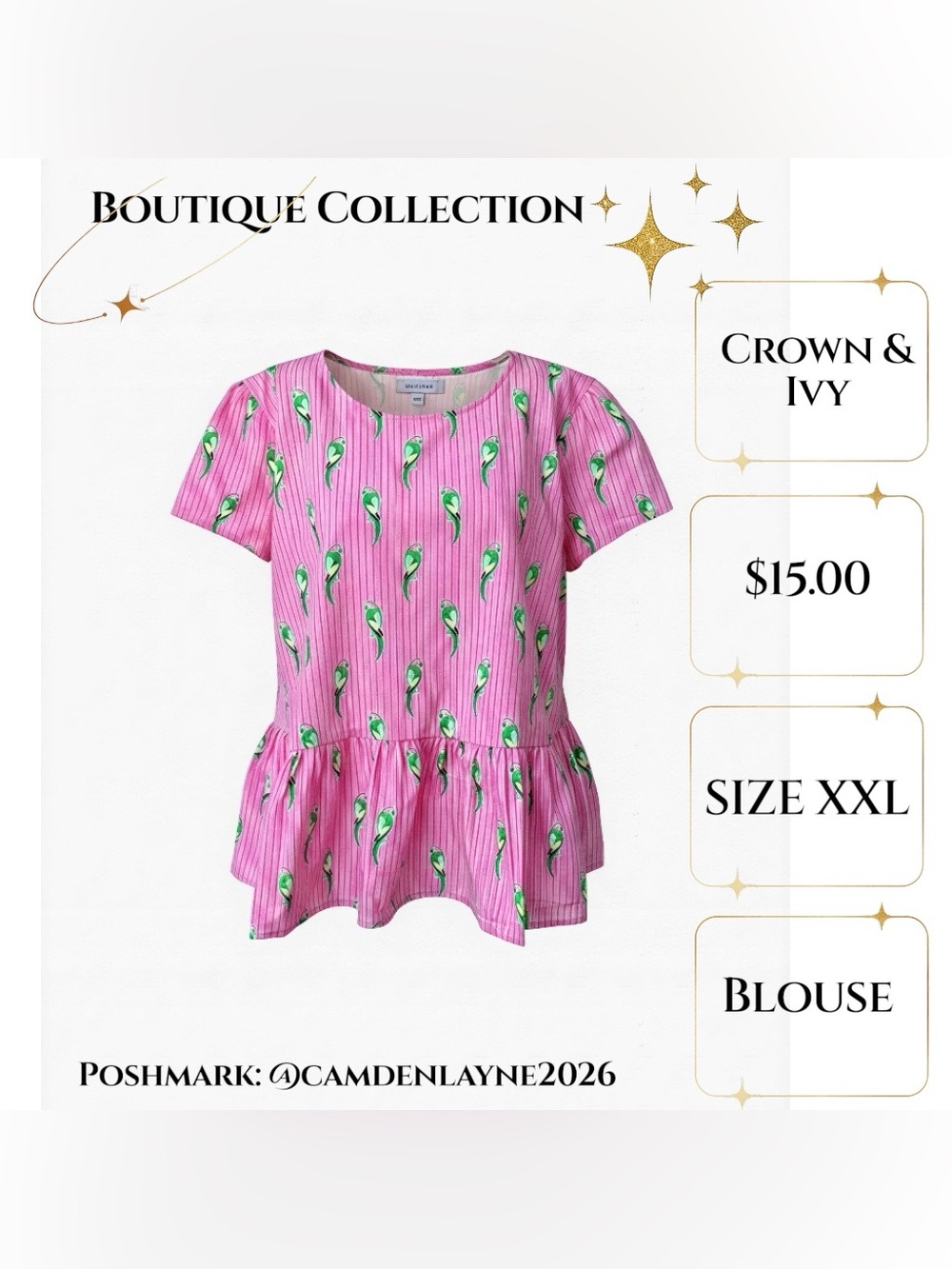 crown & ivy Pink Short Sleeve Peplum Top with Parrot Print. Tie back. - Picture 4 of 8